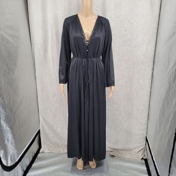 Lorraine Vintage Maxi Length Black Slip Dress Nightgown and Peignoir Robe Lace - Picture 8 of 16